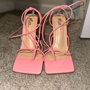 Pink strapped tie up sandals w/ heel